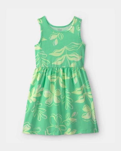 Girls Tropical Floral Sleeveless Knit Dress - Green