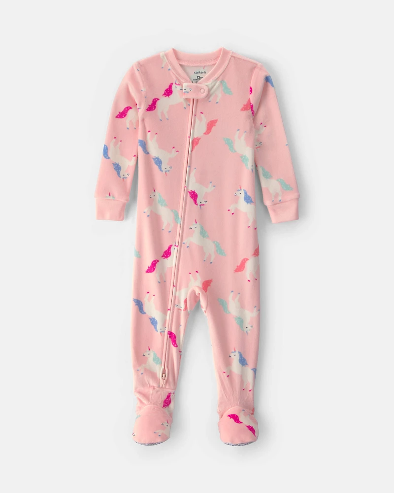 Baby Girl 1-Piece Unicorn 2-Way Zip DreamPlush Snug Fit Pyjama - Pink