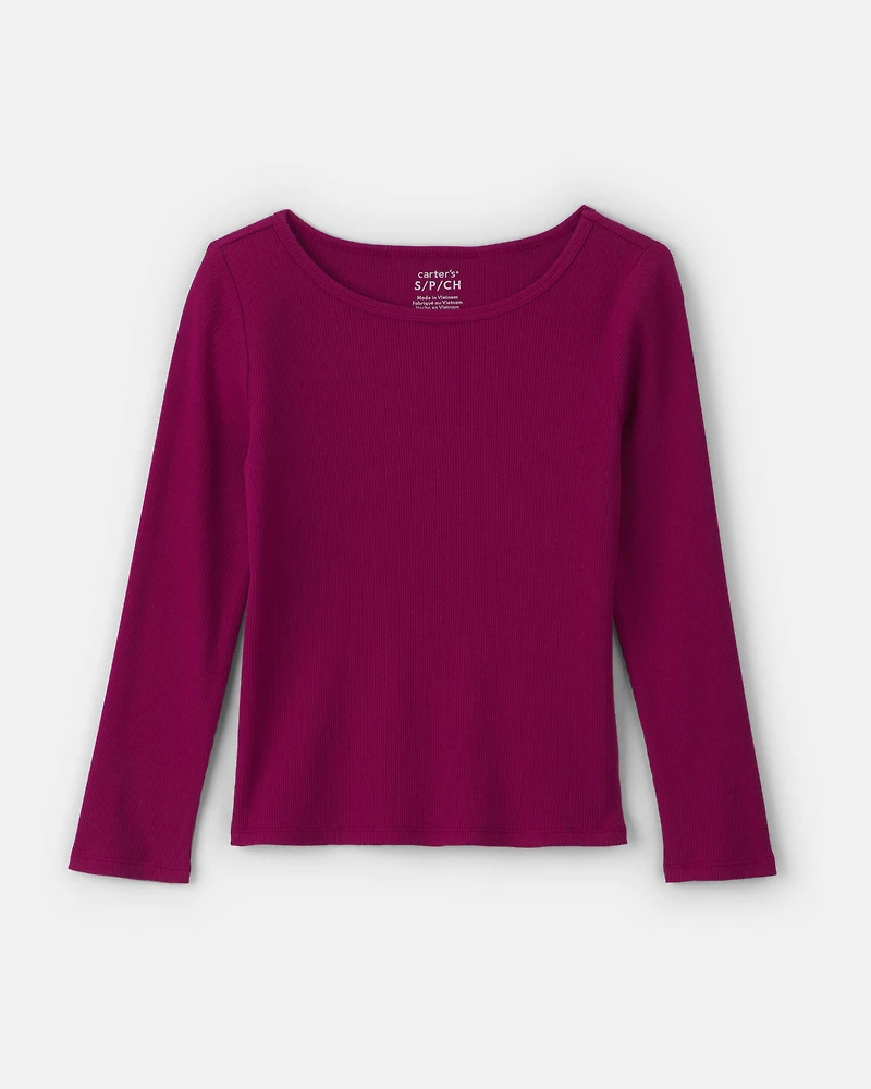 Girls Long-Sleeve Ribbed Top - Burgundy