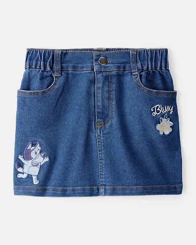 Toddler Girl Bluey Embroidered Denim Skirt - Blue