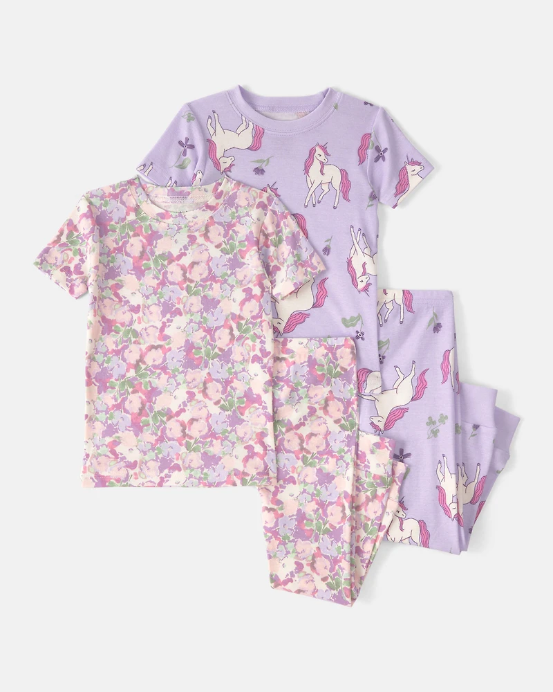 Toddler Girl Unicorn Floral 100% Cotton Snug Fit 4-Piece Pajama Set - Pink/Purple