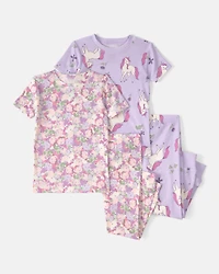 Toddler Girl Unicorn Floral 100% Cotton Snug Fit 4-Piece Pajama Set - Pink/Purple