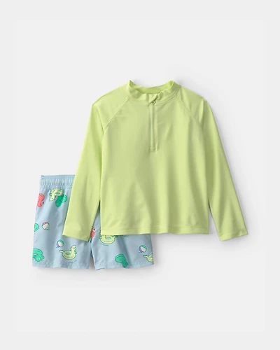 Toddler Boy 2-Piece Dinosaur Rashguard Swimsuit Set - Green