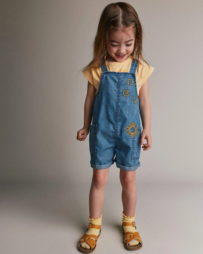 Toddler Girl Embroidered Shortall with Pockets Chambray