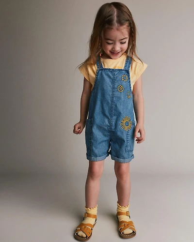 Toddler Girl Embroidered Shortall with Pockets Chambray