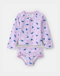 Toddler Girl 2-Piece Disney© Lilo & Stitch Gingham Long-Sleeve Rashguard Swimsuit Set - Purple