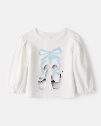 Baby Girl Metallic Ballet Shoe Long-Sleeve Graphic Tee - White