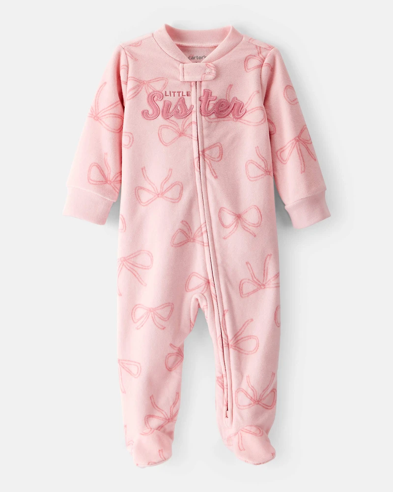 Baby Girl Bow Print Loose Fit Long-Sleeve Sleeper - Pink