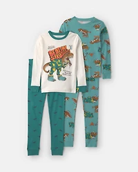 Boys 4-Piece Dinosaur 100% Cotton Snug Fit Pyjama Set - Green