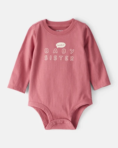 Baby Girl Sweetest Sister Cotton Long-Sleeve Graphic Bodysuit - Pink