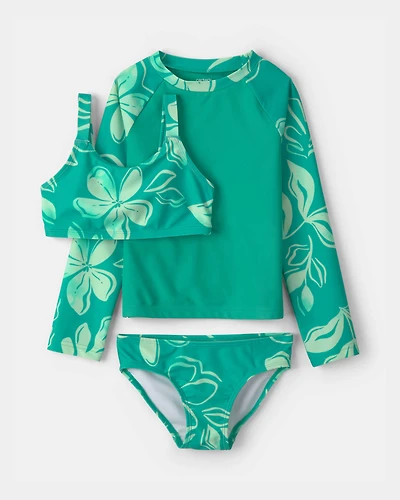 Girls Floral 3-Piece Rashguard Swimsuit Set - Green