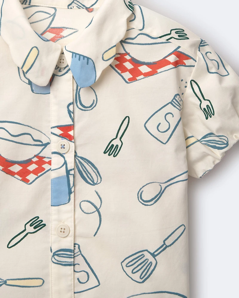 Toddler Girl Scalloped Collar Top Baking Print - Cream