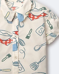 Toddler Girl Scalloped Collar Top Baking Print - Cream