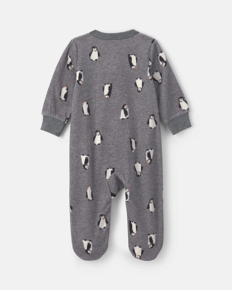 Baby Boy Penguin Fleece 2-Way Zip Sleeper - Grey
