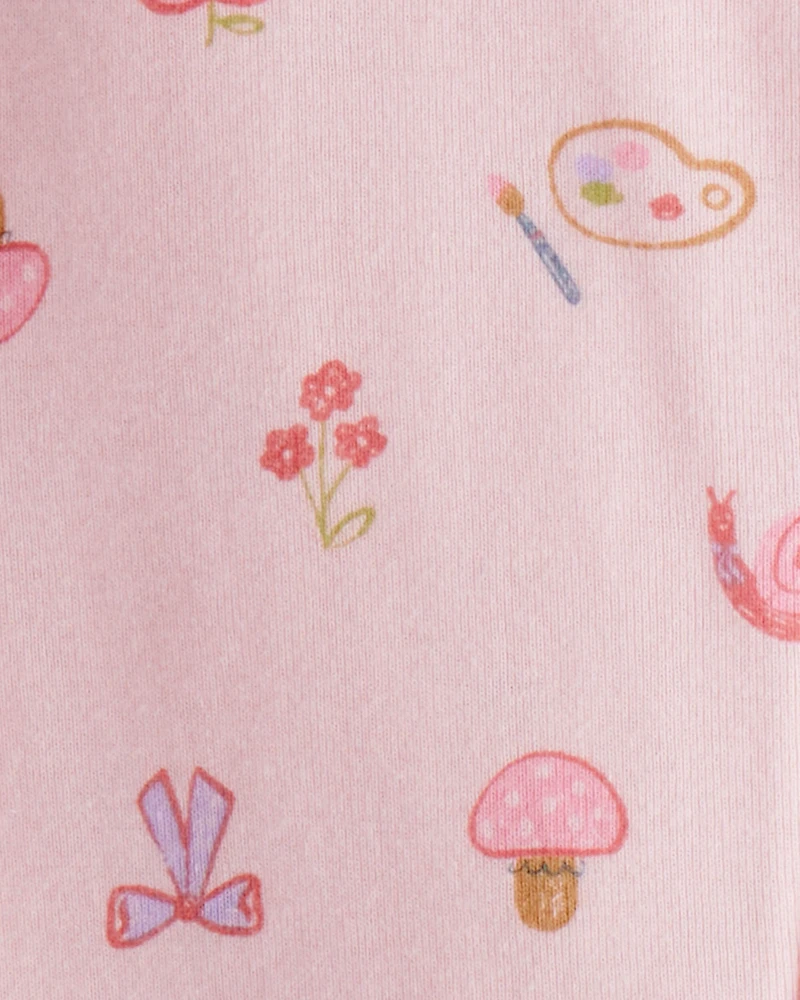 Toddler Girl Paint Floral 100% Cotton Long-Sleeve 2-Way Zip 1-Piece Pyjamas - Pink