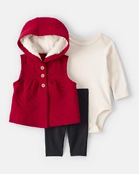 Baby Girl 3-Piece Bow Print Sleeveless Jacket, Bodysuit & Pant Set - Black/White/Red