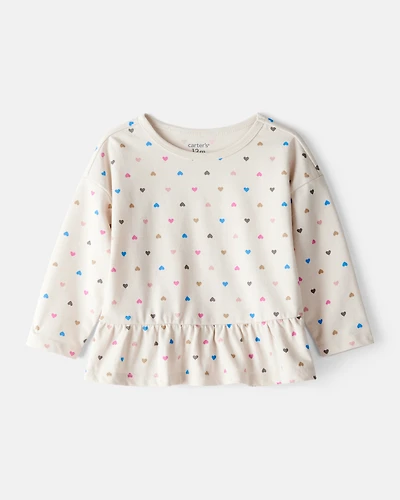 Baby Girl Heart Print Long-Sleeve Peplum Top - Cream
