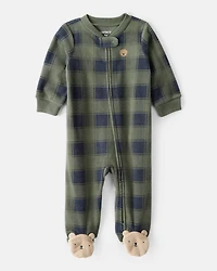 Baby Boy Bear Plaid Print Loose Fit Long-Sleeve Sleeper - Green