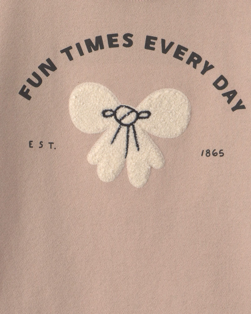 Girls Toddler Girl 'Fun Times Every Day' Bow French Terry Pullover Sweatshirt - Brown