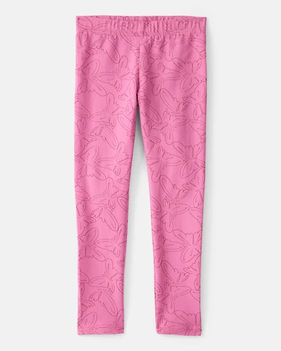 Girls Butterfly Print Cotton Pull-On Stretch Leggings - Pink