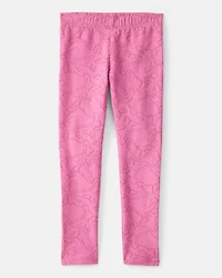 Girls Butterfly Print Cotton Pull-On Stretch Leggings - Pink