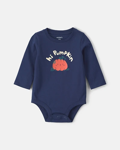 Baby Boy 'Hi Pumpkin' Long-Sleeve Graphic Bodysuit - Navy Blue