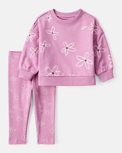 Baby Girl Floral Long-Sleeve Cotton Tee & Pant Set - Purple