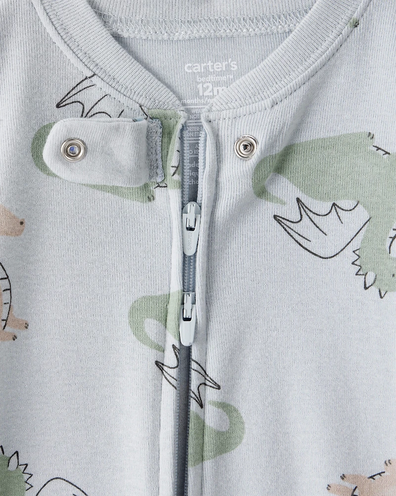 Baby Boy Dragon Print 100% Cotton Long-Sleeve 2-Way Zip 1-Piece Pyjamas