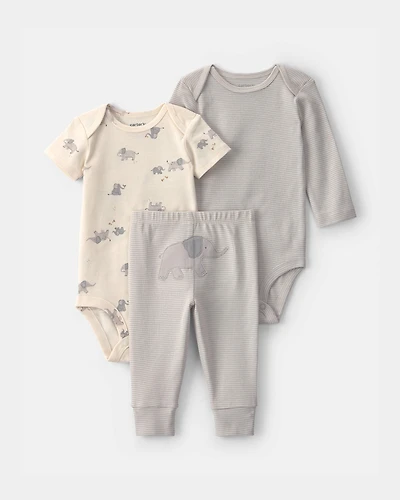 Baby 3-Piece Elephant Bodysuit & Pant Set - Grey/Ivory