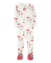 Baby Girl Cherry Print Snug Fit Cotton Footie 1-Piece Pyjamas - White