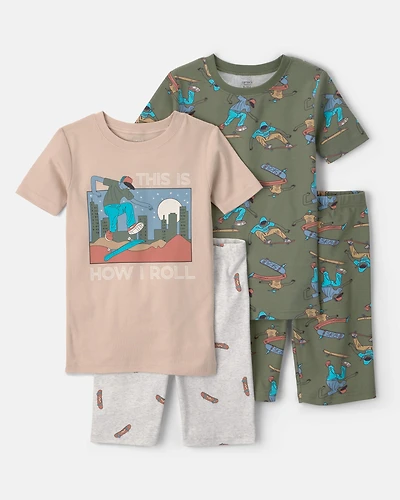 Boys Skateboard Cotton Short-Sleeve Snug Fit 4-Piece pyjama Set - Green/Brown