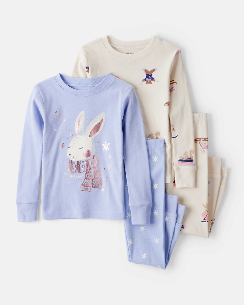Baby Girl Bunny Winter Print 100% Cotton Long-Sleeve Snug Fit 4-Piece Pyjamas - Blue/White
