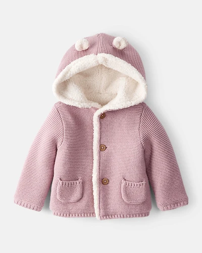 Baby Girl Sherpa Lined Cotton Long-Sleeve Sweater - Pink
