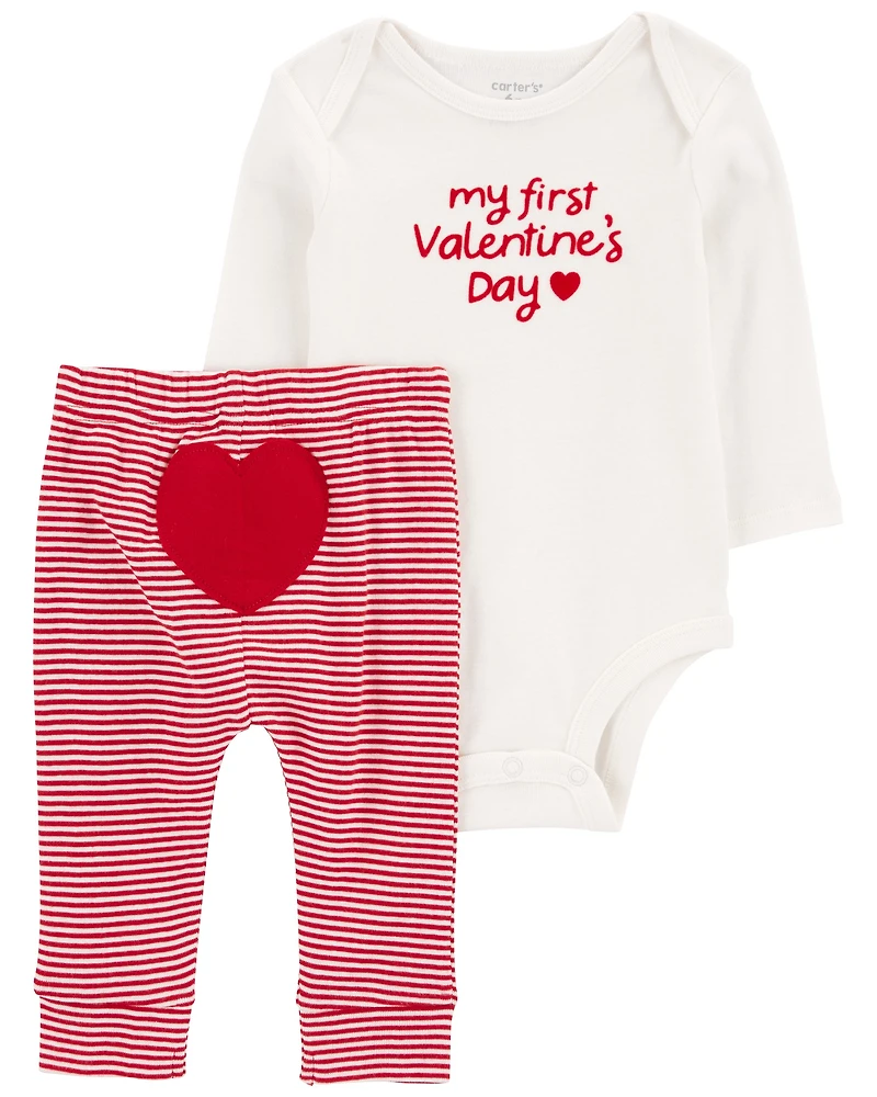Baby My First Valentine's Day 2-Piece Long-Sleeve Bodysuit & Pant Set - Red/White