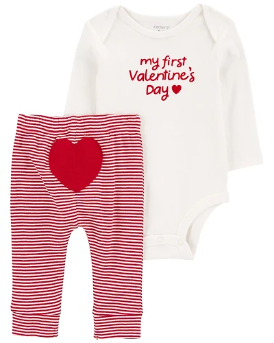 Baby My First Valentine's Day 2-Piece Long-Sleeve Bodysuit & Pant Set - Red/White