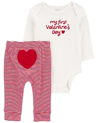 Baby My First Valentine's Day 2-Piece Long-Sleeve Bodysuit & Pant Set - Red/White