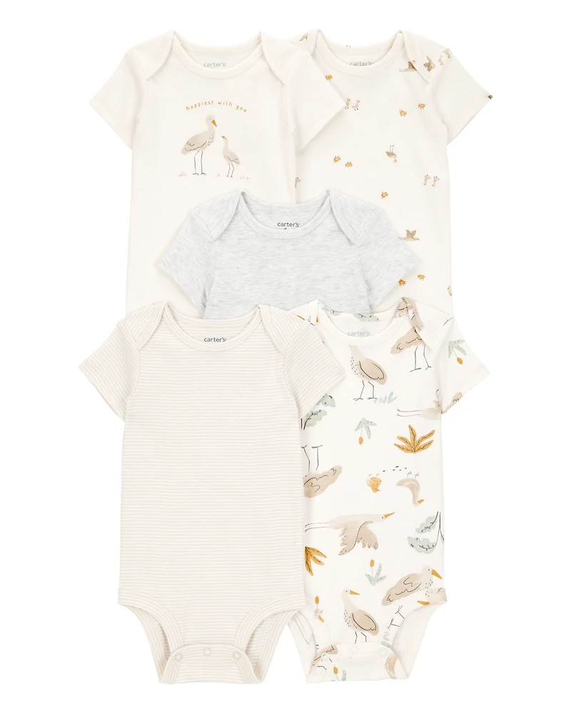 Baby 5-Pack Striped Birds Short-Sleeve Cotton Bodysuits