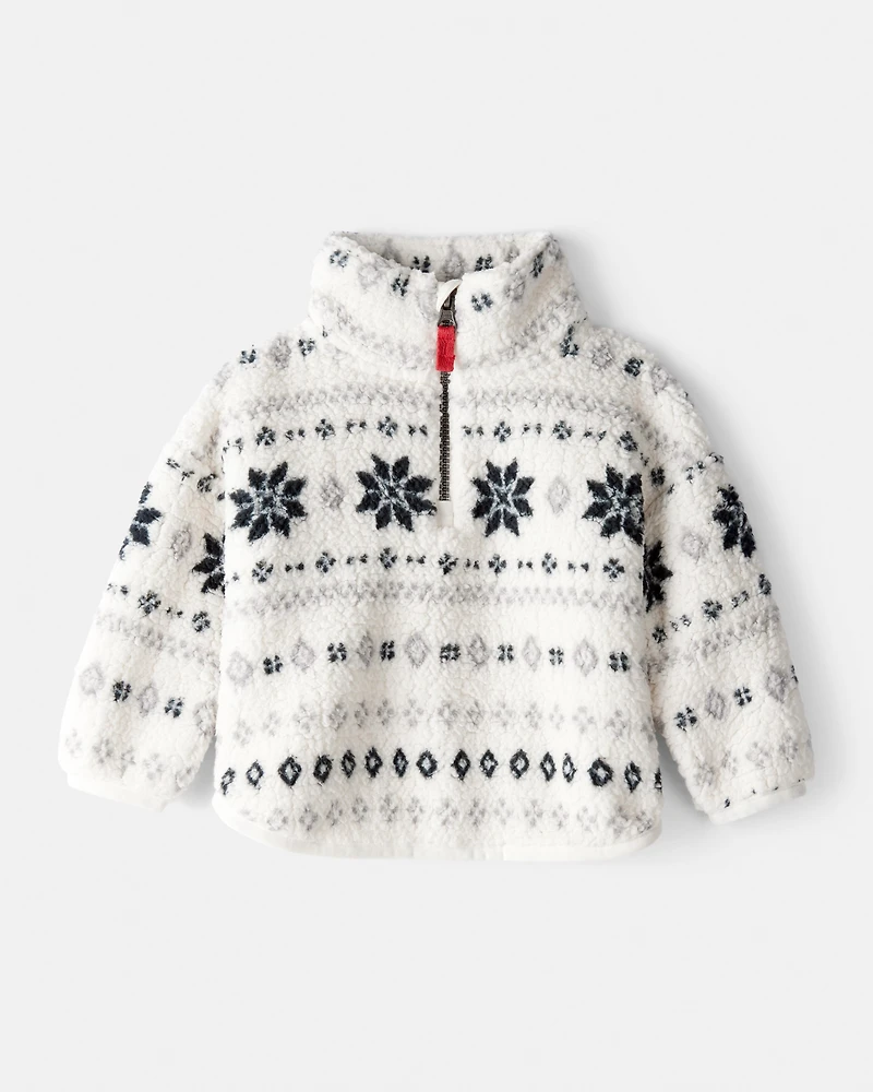 Baby Girl Fairisle Sherpa Quarter-Zip Pullover - White