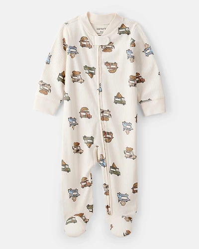 Baby Boy Truck Print Cotton Long-Sleeve Sleeper- Ivory