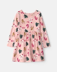 Girls Christmas Long-Sleeve Dress - Pink