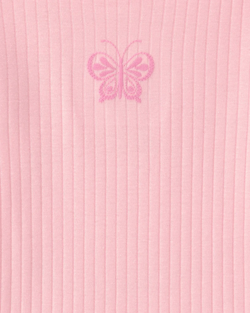 Girls Butterfly Rib Snug Fit 2-Piece Pyjama Set - Pink