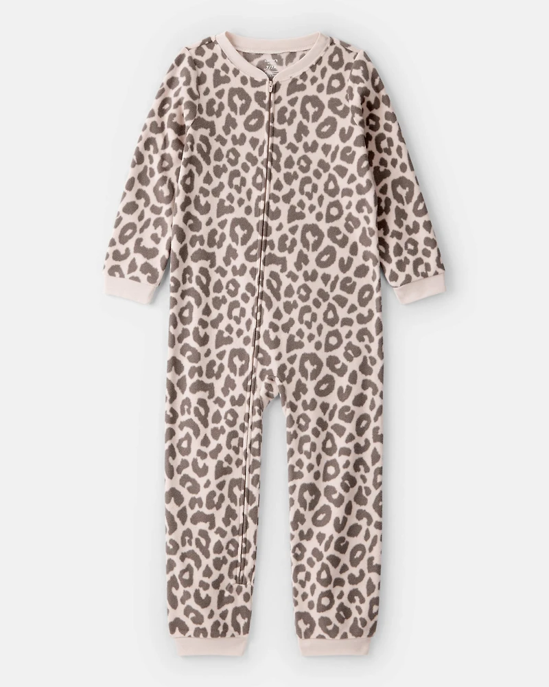 Girls Leopard Fleece Long-Sleeve Snug Fit 1-Piece Pajamas - Brown