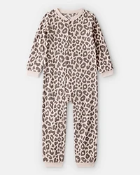 Girls Leopard Fleece Long-Sleeve Snug Fit 1-Piece Pajamas - Brown