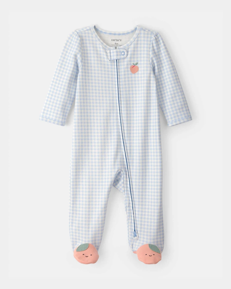 Baby Girl Peach Gingham 2-Way Zip 100% Cotton Sleeper - Blue