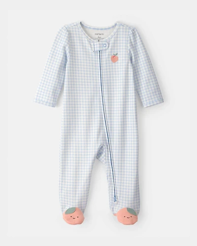 Baby Girl Peach Gingham 2-Way Zip 100% Cotton Sleeper - Blue