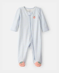 Baby Girl Peach Gingham 2-Way Zip 100% Cotton Sleeper - Blue