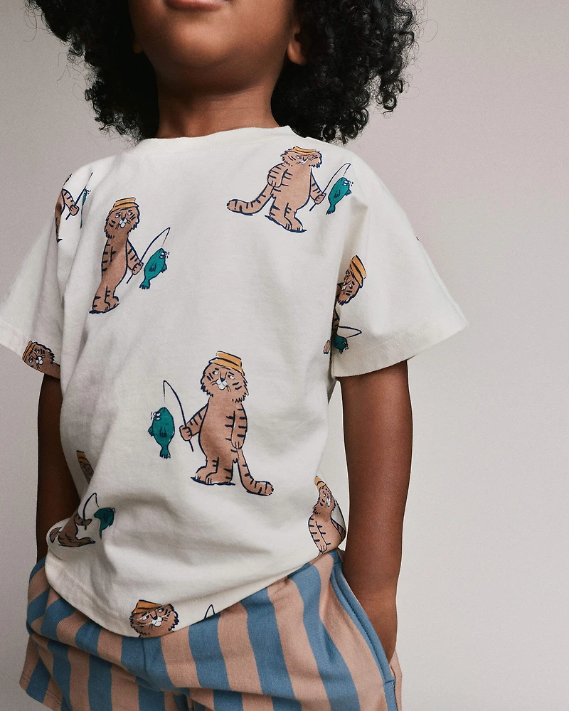 Toddler Dolman Tee Fishing Tiger Print - Cream