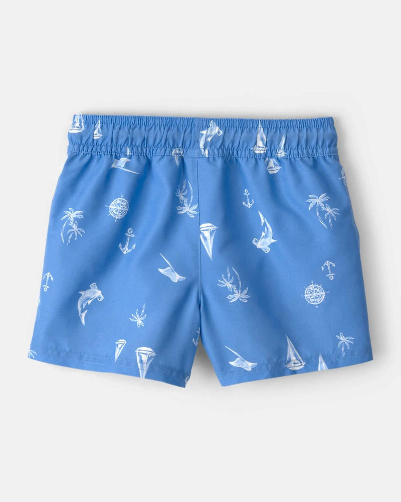 Toddler Boy Sailboat Swim Trunks - Blue