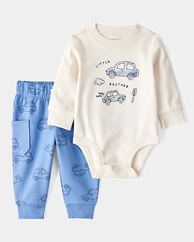 Baby 2-Piece Car Little Brother Long-Sleeve Bodysuit Pant Set - White/Blue