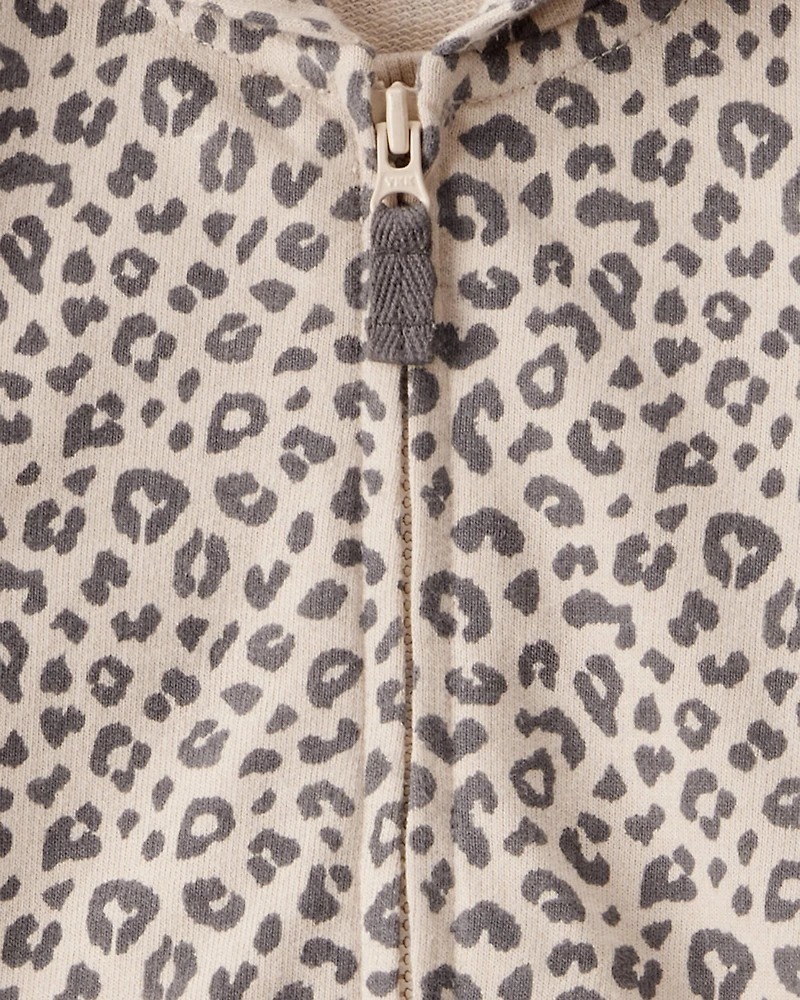 Baby Girl Cat Leopard Print Cotton Long-Sleeve Hooded Jumpsuit - Brown
